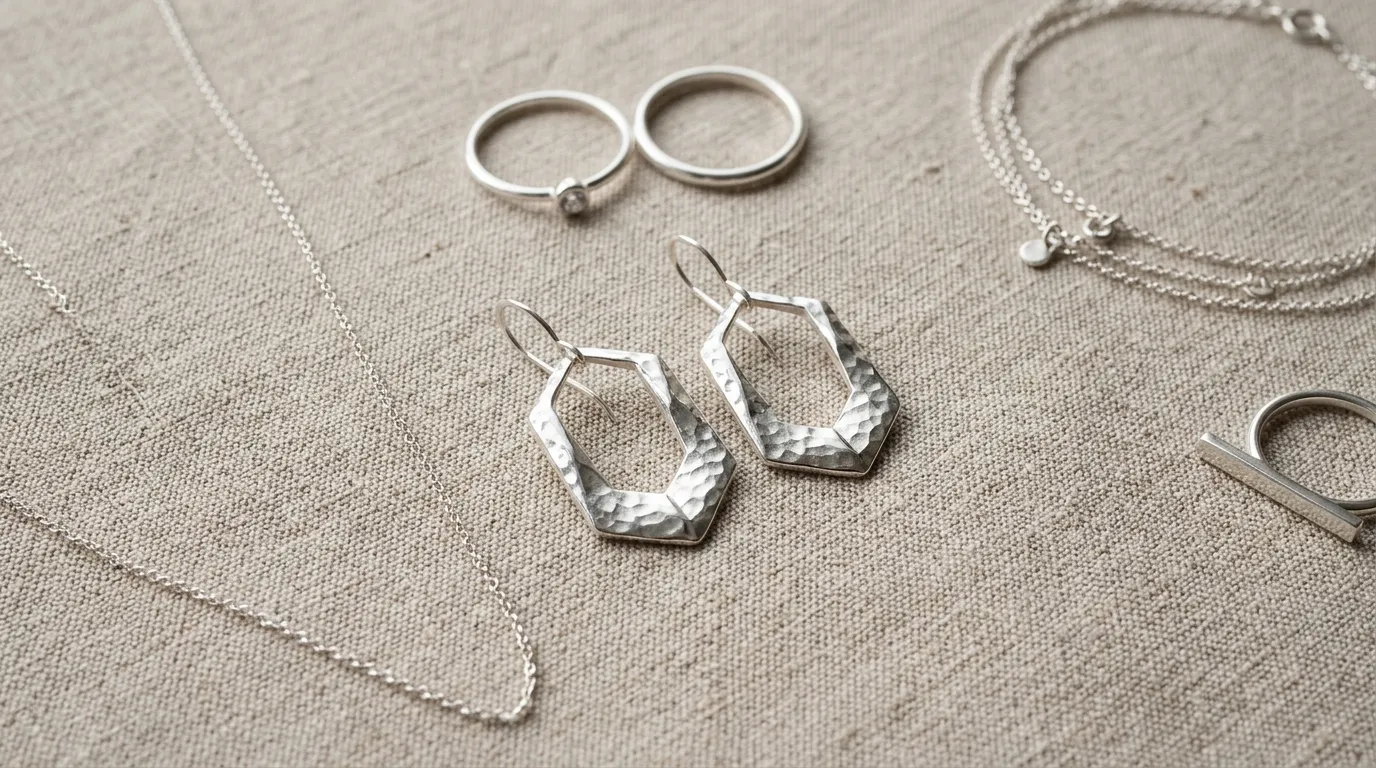 Composição minimalista com brincos de prata geométricos sobre fundo texturizado neutro.