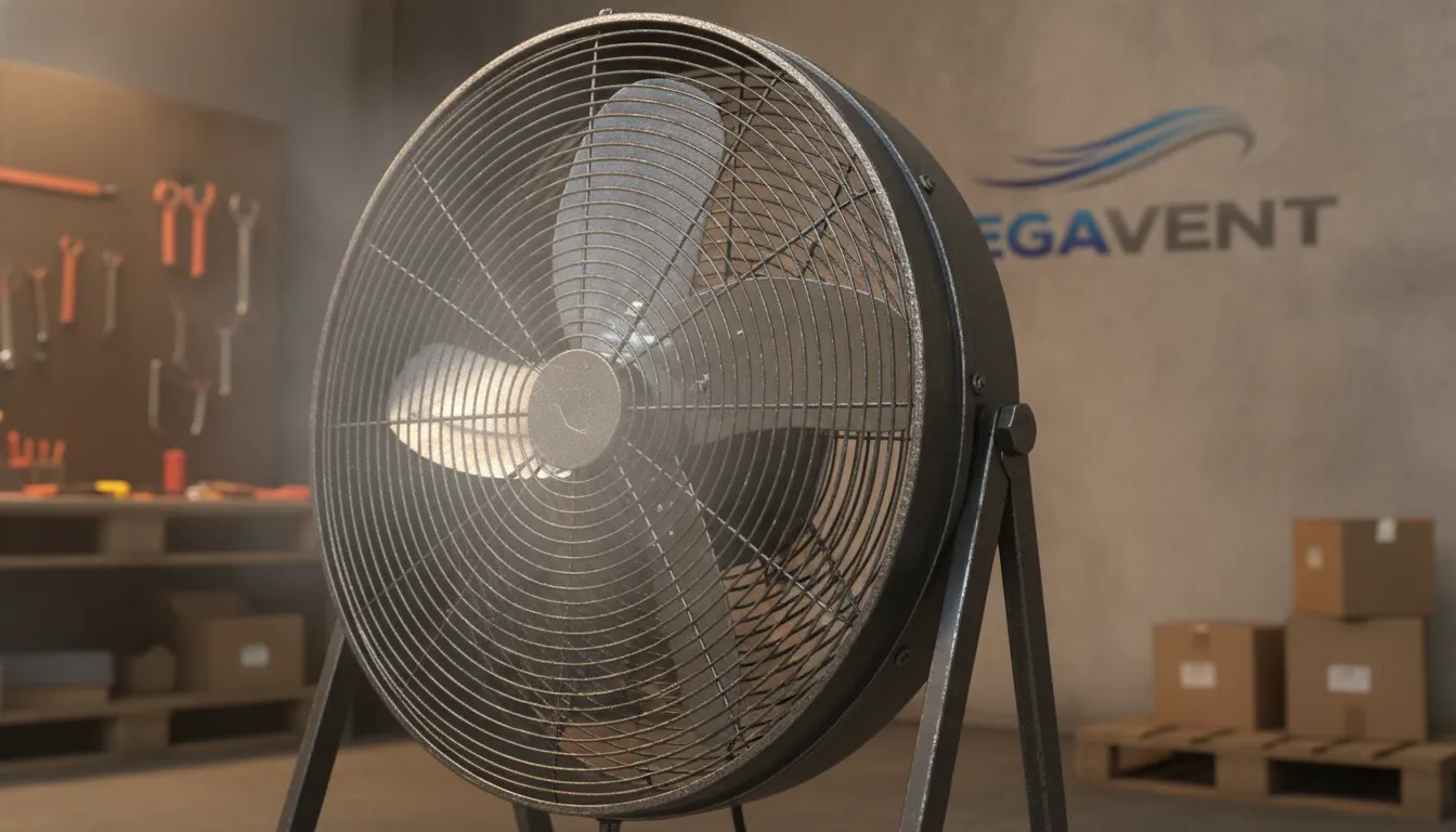 Detalhe de ventilador industrial de chão MegaVent, mostrando sua construção robusta e durabilidade para galpões.