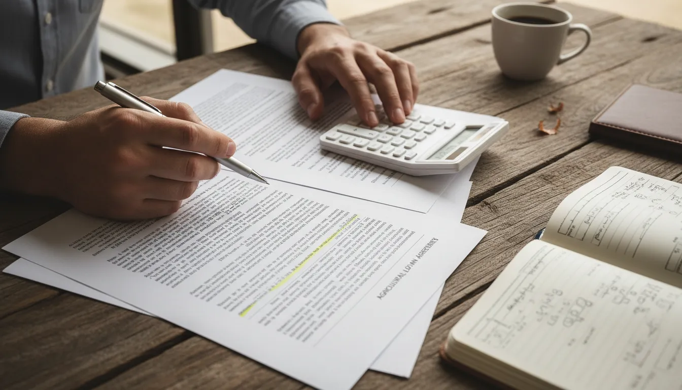 Mãos analisando contratos de crédito rural e calculadora sobre mesa de madeira, simbolizando planejamento financeiro.