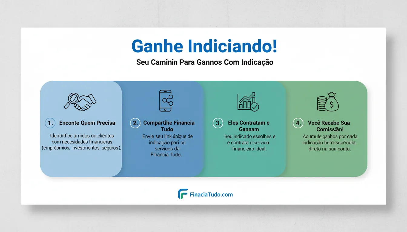 Infográfico explicando como ganhar dinheiro indicando serviços financeiros através da Financia Tudo, com design moderno e ícones ilustrativos.