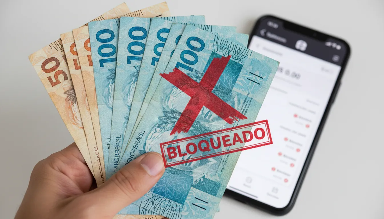Notas de dinheiro bloqueadas e indicação de restrição em interface bancária digital