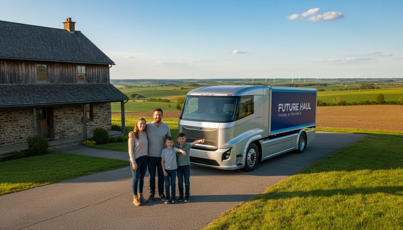 Família observa caminhão novo estacionado junto à casa rural como símbolo de progresso e segurança.