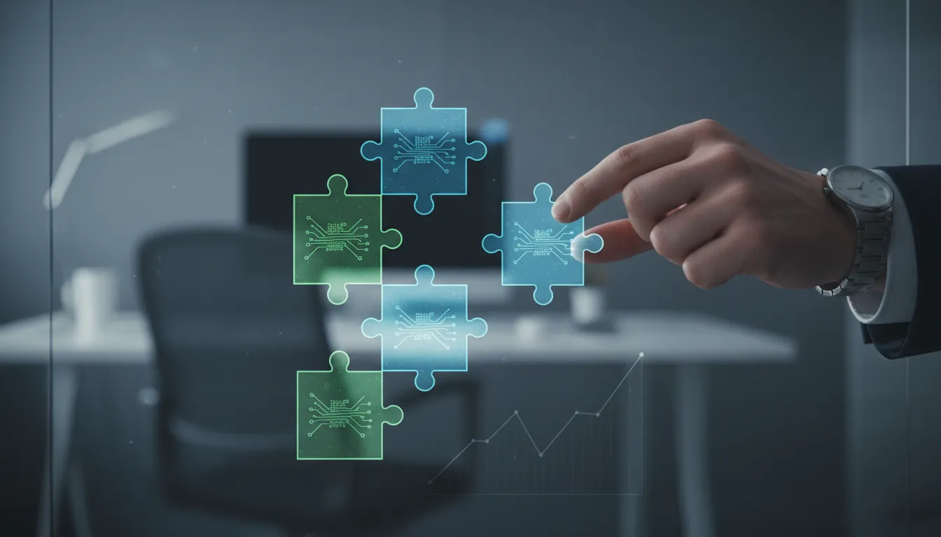 Mão posicionando palavras-chave em um quebra-cabeça digital, representando a estratégia da consultoria seo.