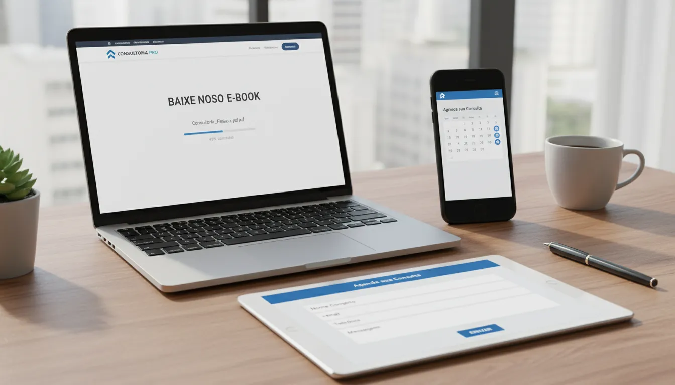 Site para Coach/Consultor em 2026: Autoridade e Vendas 3 Tablet, celular e notebook exibindo contato, agendamento e e-book em site de consultor moderno e fotorrealista.