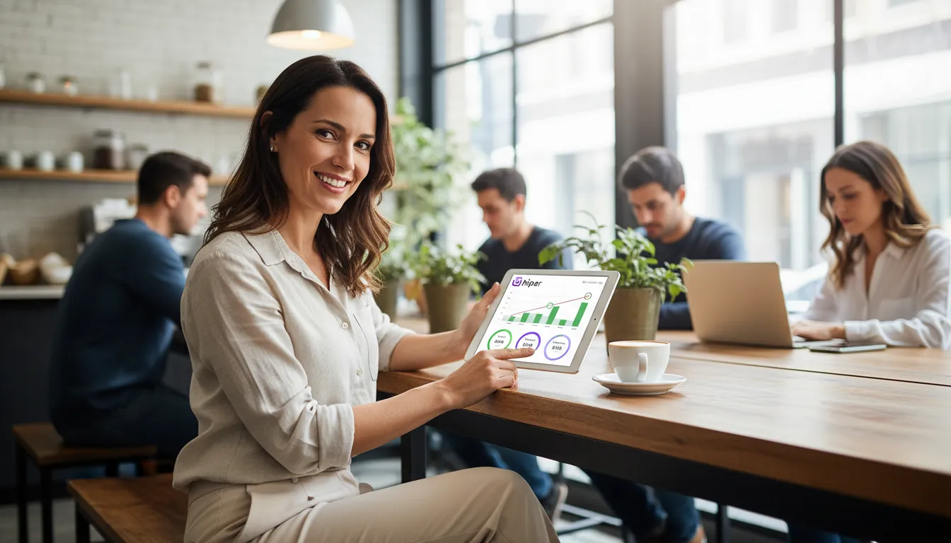 Empreendedor relaxado em cafeteria usa tablet para verificar o ponto de equilíbrio como calcular, com Hiper.