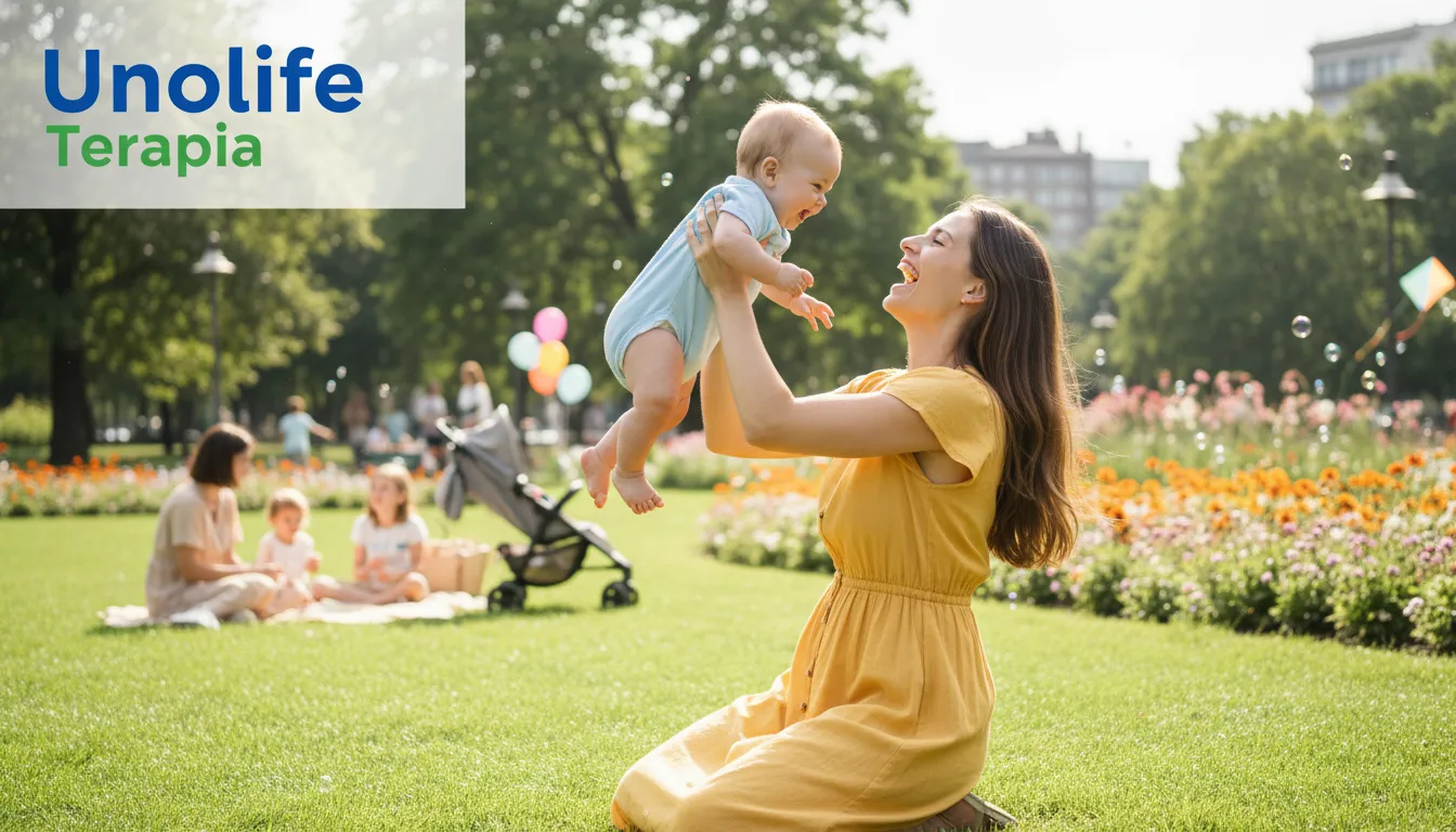 Mãe sorrindo e brincando com seu bebê no parque, simbolizando a recuperação da depressão pós-parto e a alegria da maternidade com o apoio da terapia.