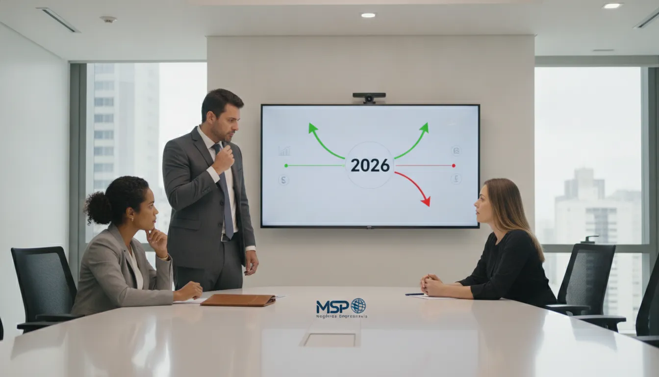 Profissionais discutem impactos da LC 227 na holding familiar 2026, analisando projeções financeiras em reunião.