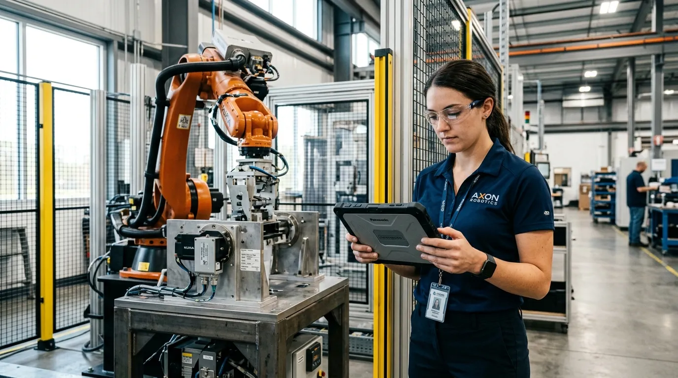 Técnica realizando checklist de manutenção preventiva em máquinas industriais com tablet.
