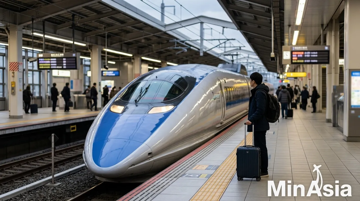 Passageiro aguardando embarque na plataforma do trem bala Japão.