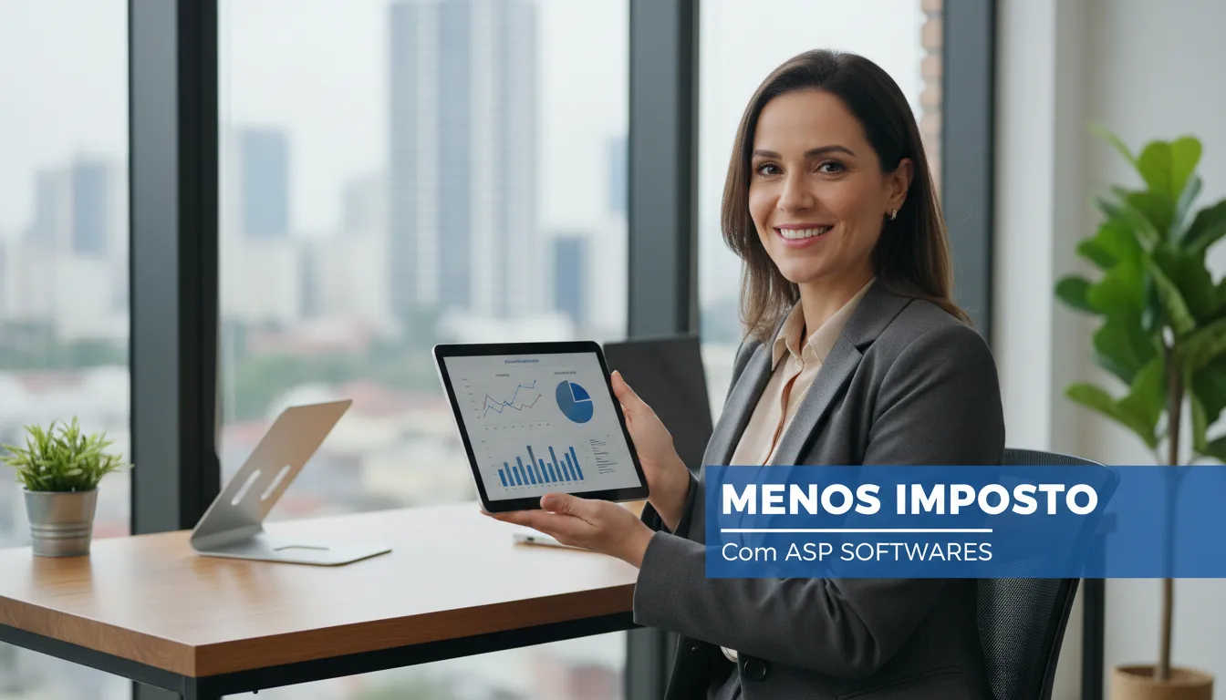 Empresário sorrindo ao ver os relatórios, indicando eficiência no regime tributário com a ASP Softwares.