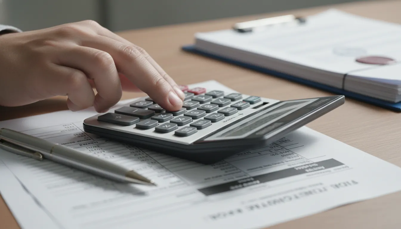 Mão usando calculadora para fazer o cálculo hora extra em uma folha de pagamento.