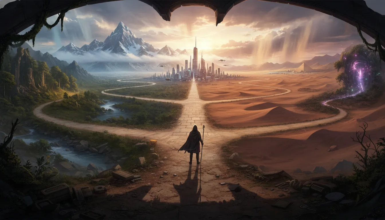 Pessoa numa encruzilhada, simbolizando escolhas de vida e direção espiritual guiada pela quantica terapia.