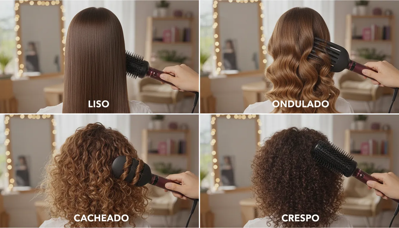 Vários tipos de cabelo sendo tratados com escova secadora em ambiente caseiro e acolhedor, textura realista.