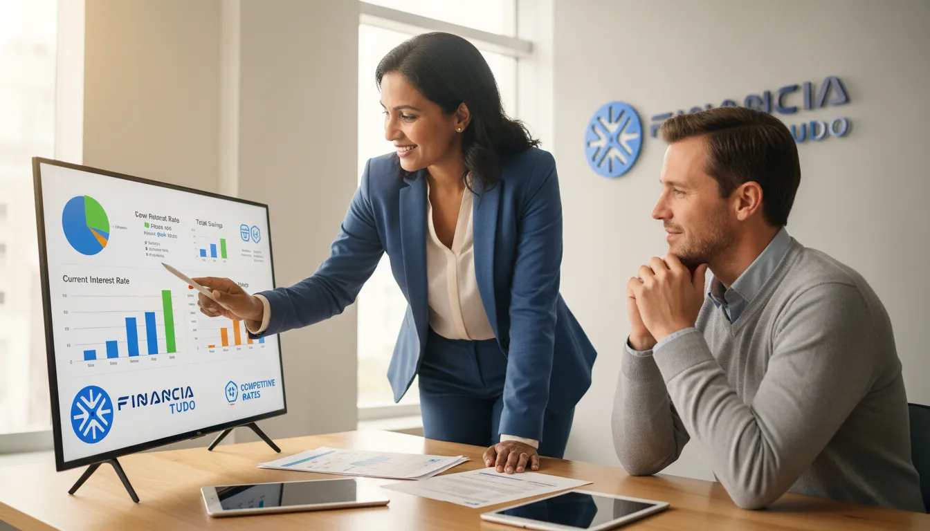 Especialista da Financia Tudo orientando cliente sobre as melhores opções de refinanciamento veículo financiado com transparência.