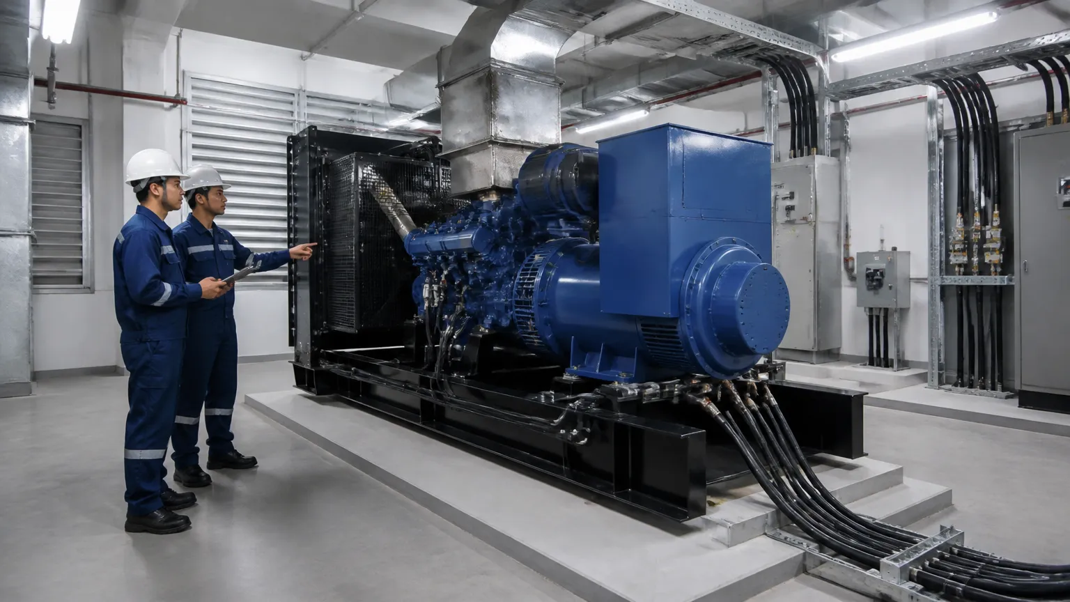 Engenheiros inspecionando instalação financiada por crédito condominial para gerador de energia.