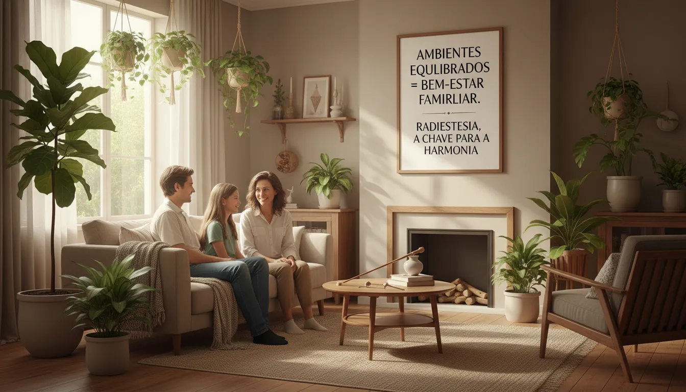 Família em sala iluminada e harmoniosa simbolizando ambientes equilibrados por sessões de radiestesia