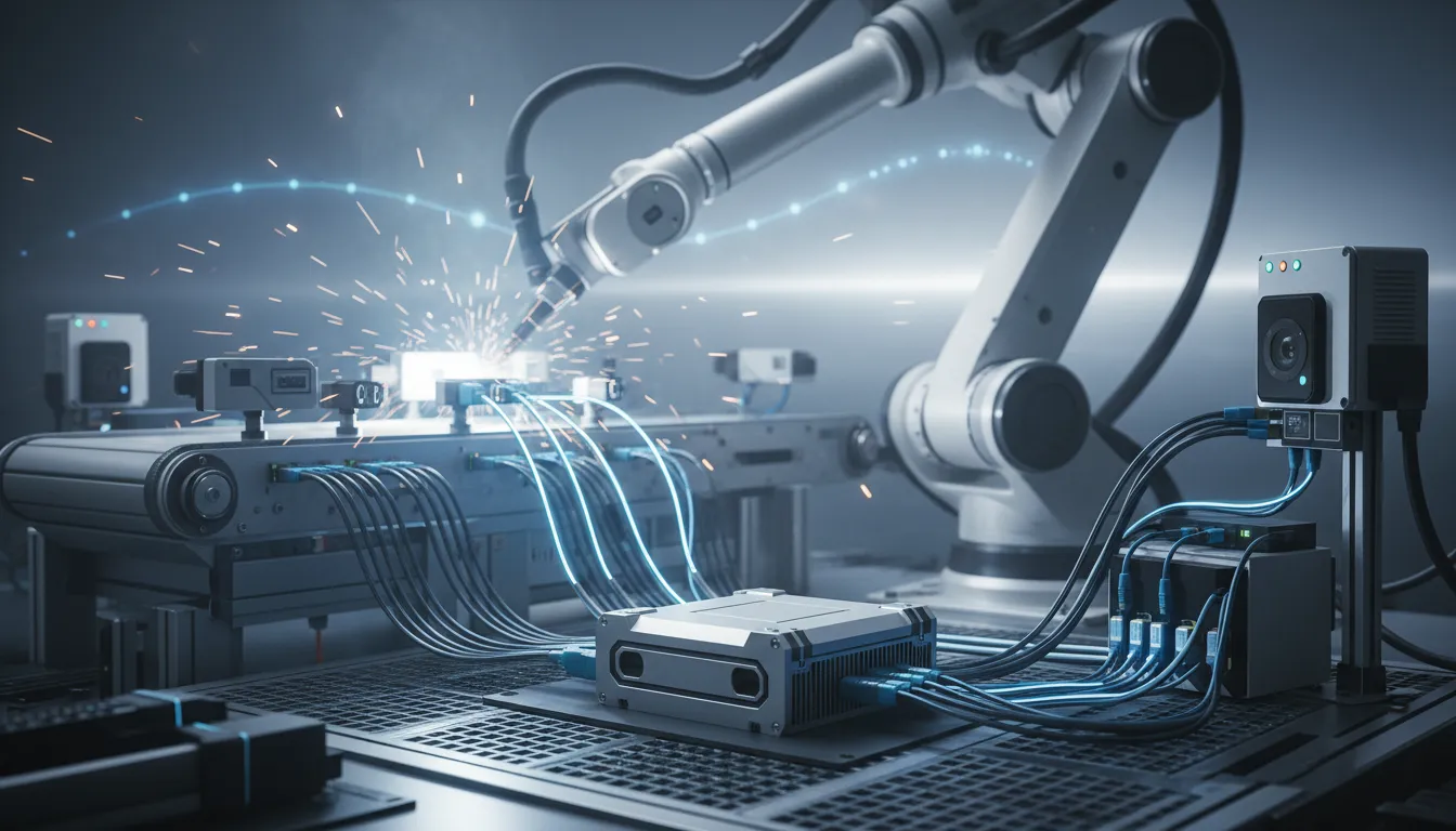 Dispositivos IoT em ambiente industrial, processando dados na borda da rede, complementando a computação em nuvem.