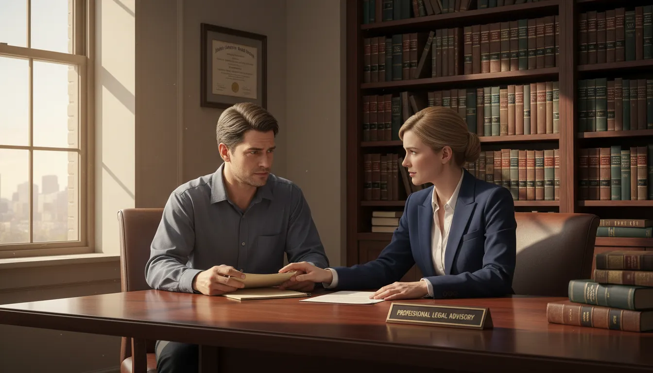 Advogado orientando cliente preocupado em sala reservada e iluminada, transmitindo apoio e confiança.
