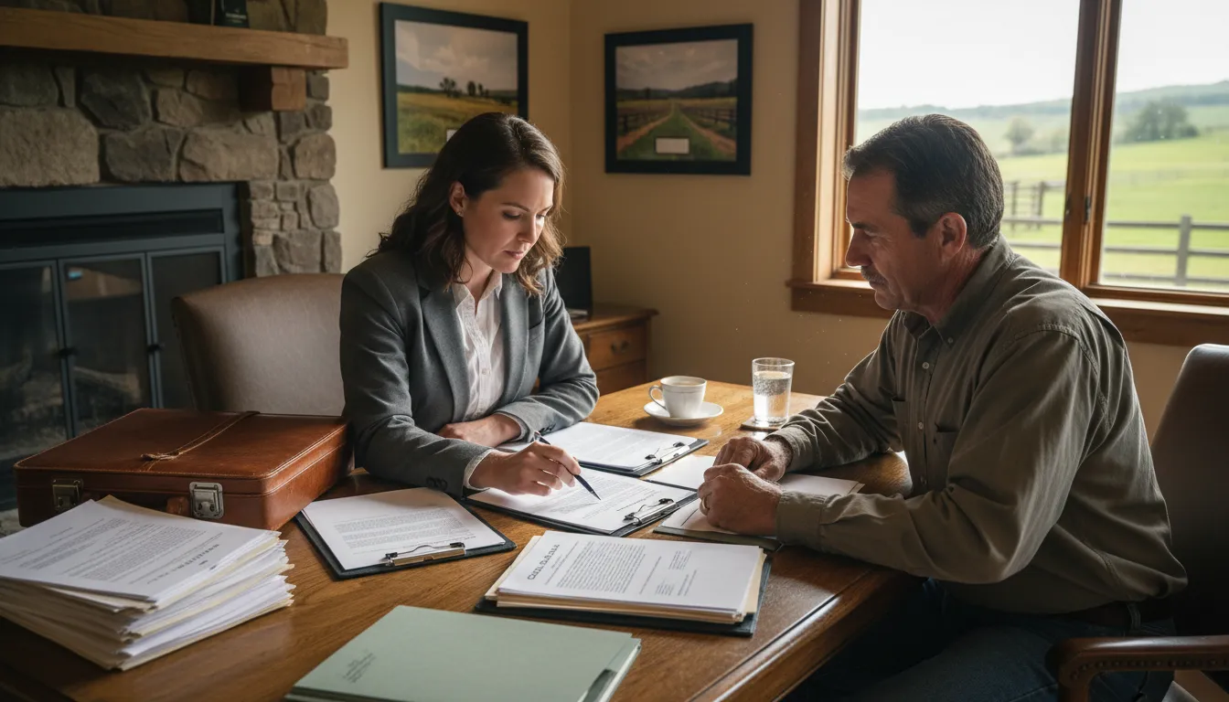 Consultor jurídico rural e pecuarista debatem contratos e papéis em ambiente de escritório moderno no campo.