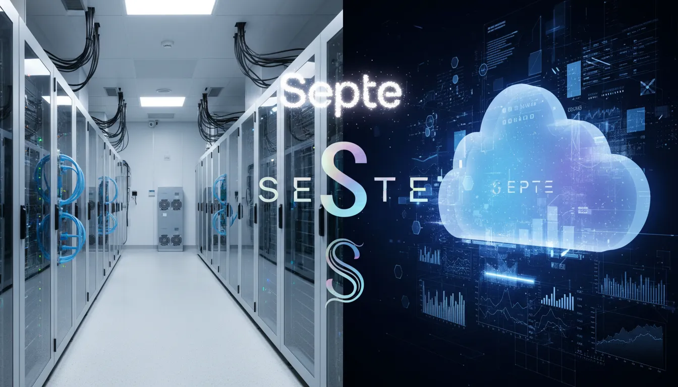 Visão dividida de data center seguro e interface de nuvem dinâmica, representando o modelo de nuvem híbrida corporativa.