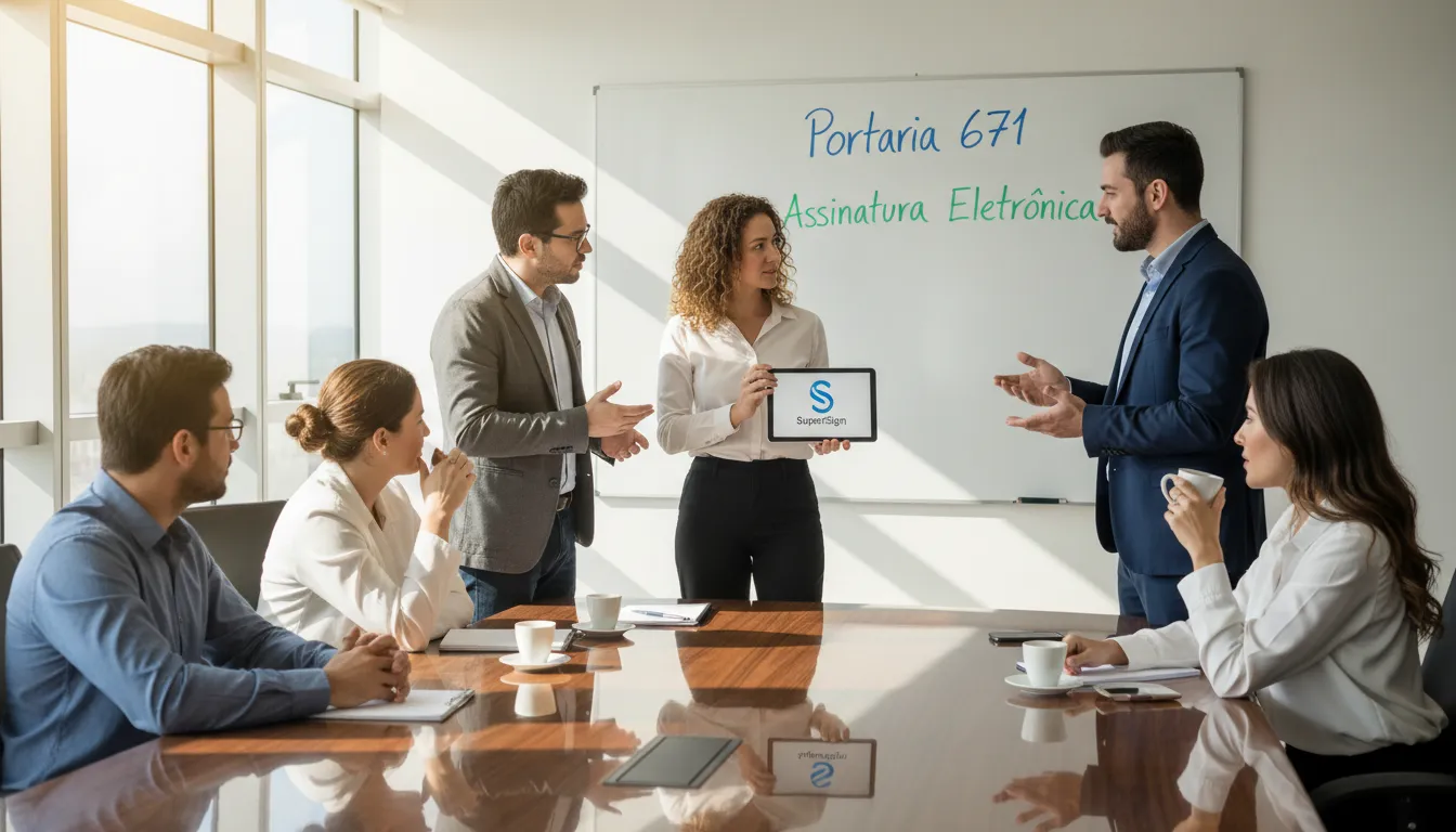 Profissionais de RH discutindo a implementação de folha de ponto eletrônica e a conformidade com a Portaria 671 usando SuperSign.