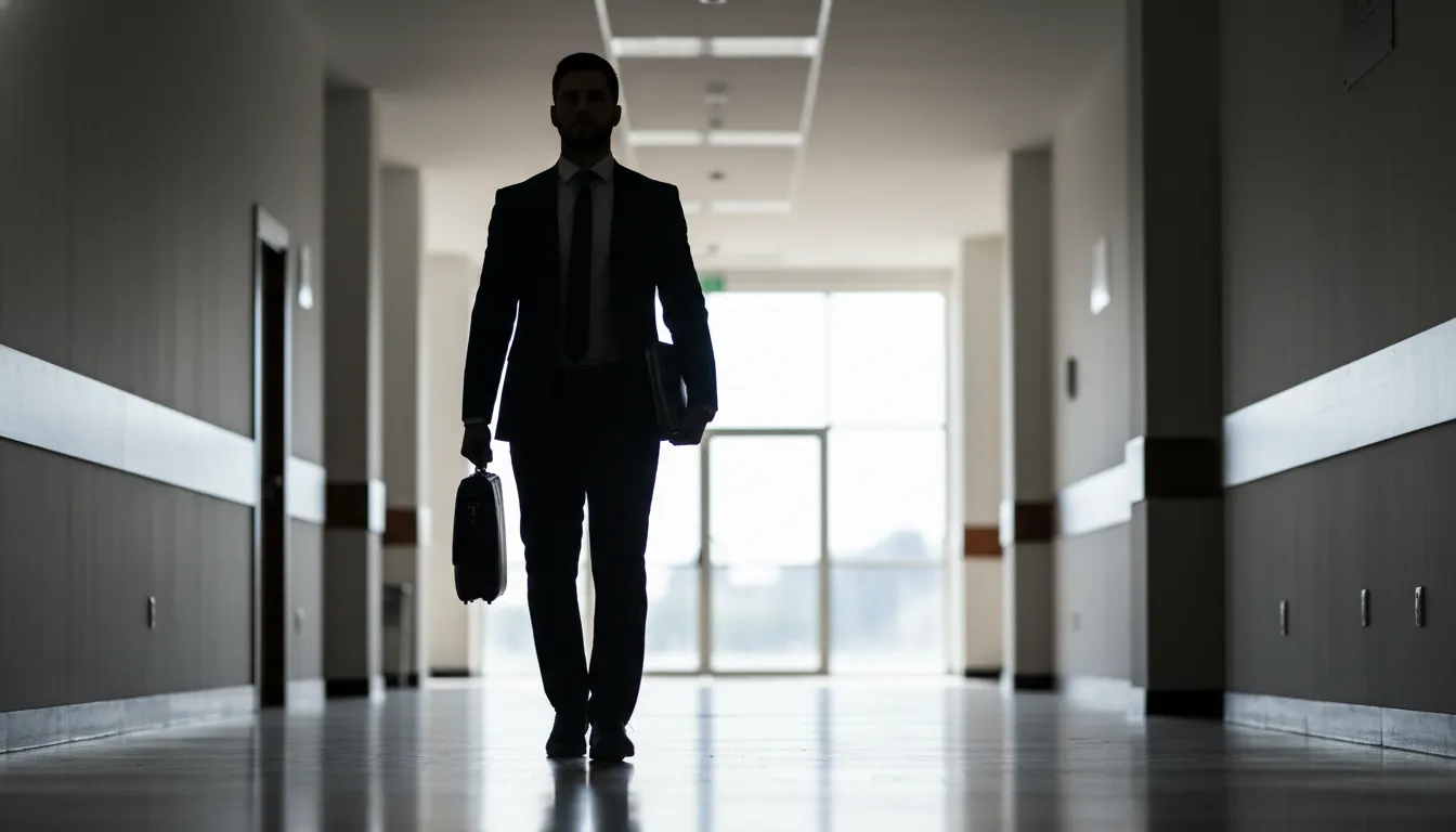 Advogado em Ourinhos caminha determinado corredor fórum, buscando justiça para ação plano saúde.