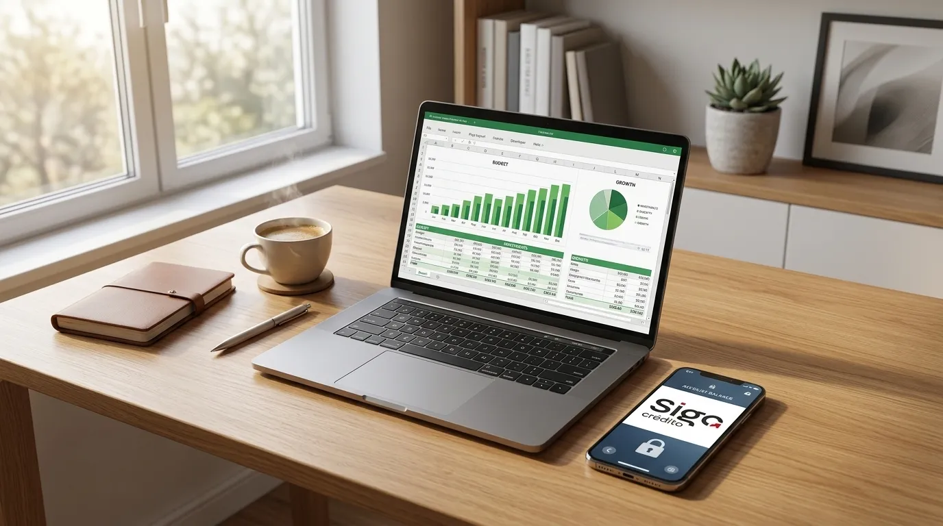 Celular e notebook exibindo simulação de empréstimo pessoal rápido na mesa.