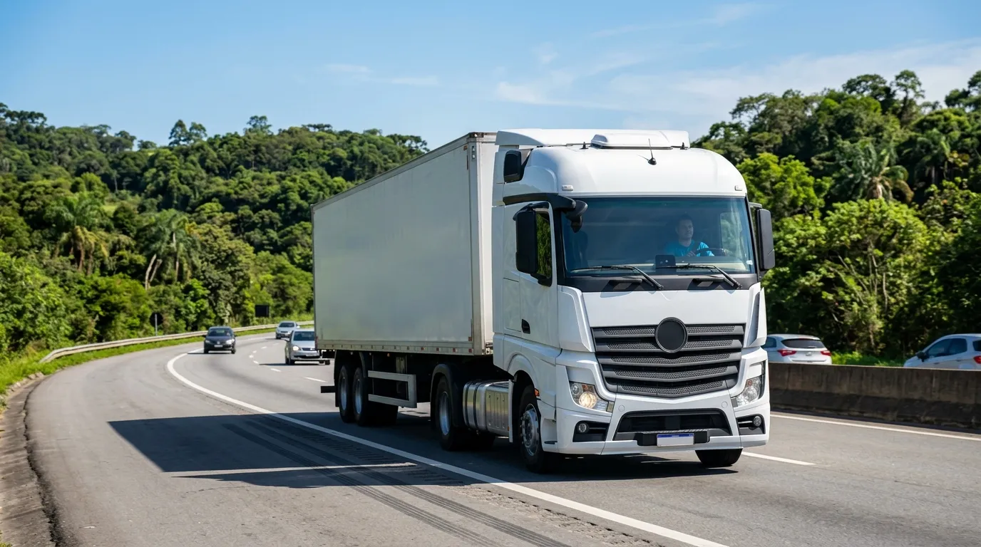 Caminhão trafegando na rodovia após obter empréstimo para caminhoneiro com caminhão em garantia.