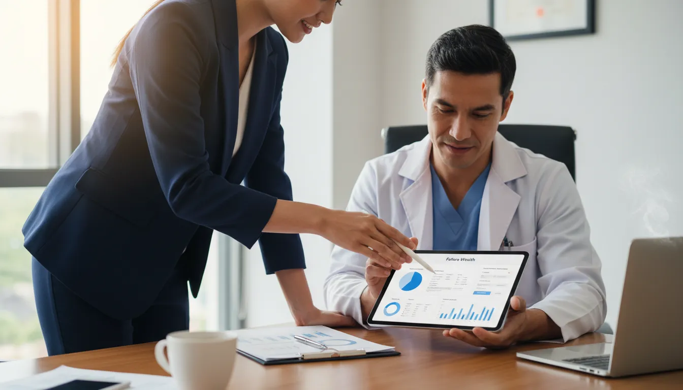 Consultor financeiro apresenta ferramentas digitais de finanças a um médico em um tablet