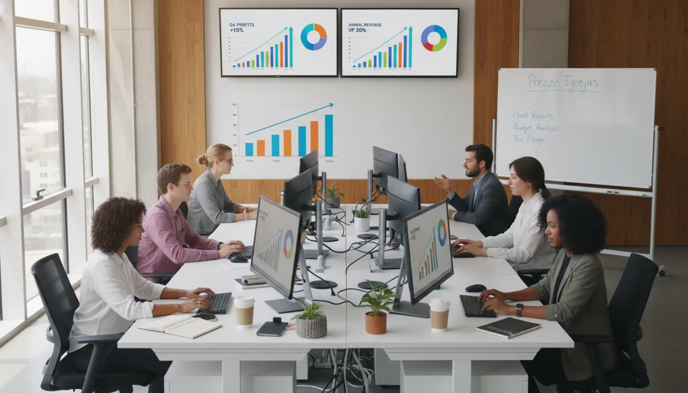 Equipe da Prezzo Contábil trabalhando em soluções de contabilidade para igrejas em um ambiente de escritório moderno e colaborativo.