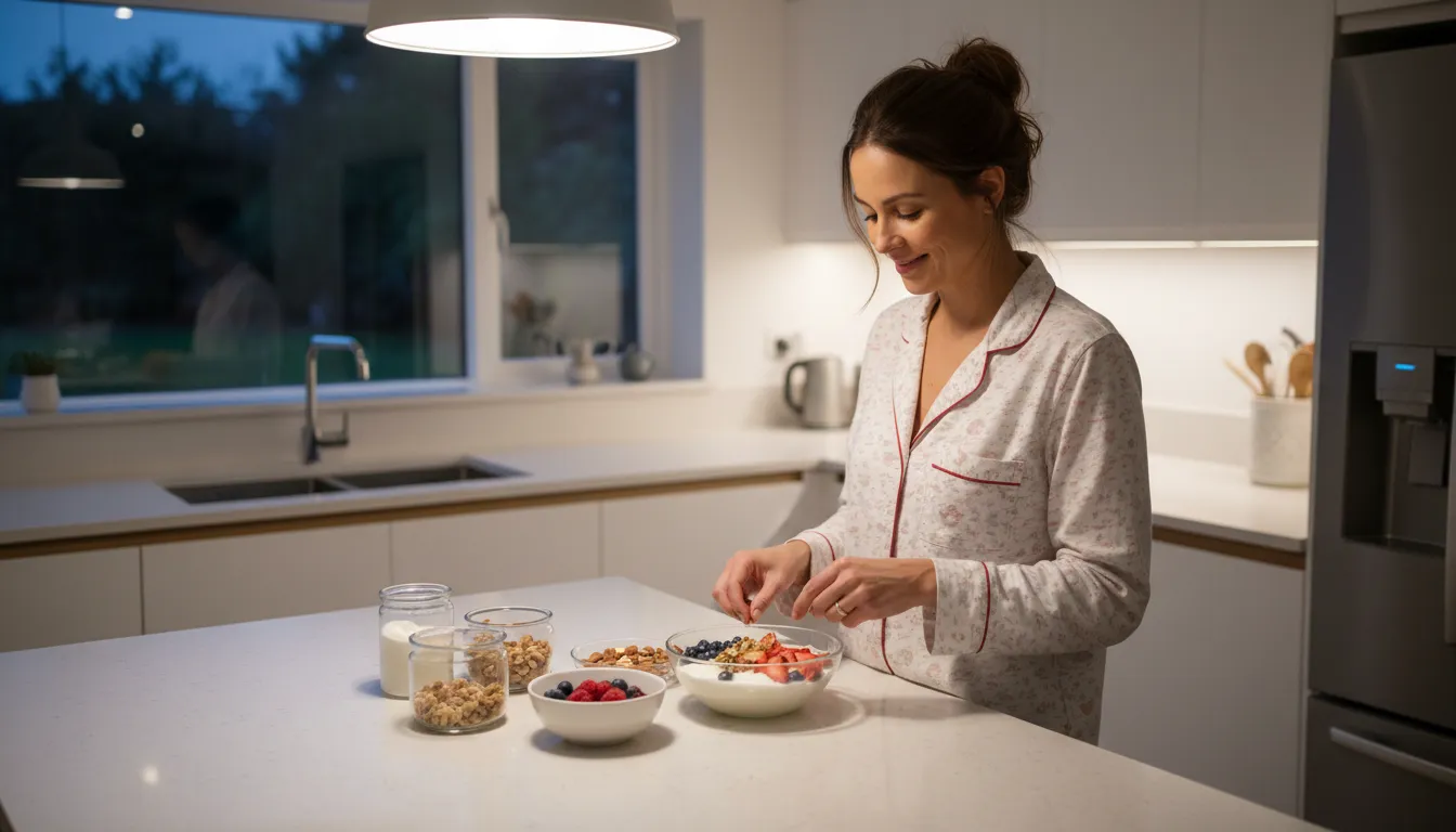 Pessoa preparando lanche saudável na cozinha antes de dormir, sorrindo, mostrando como incluir alimentos que ajudam a emagrecer enquanto você dorme na rotina noturna.