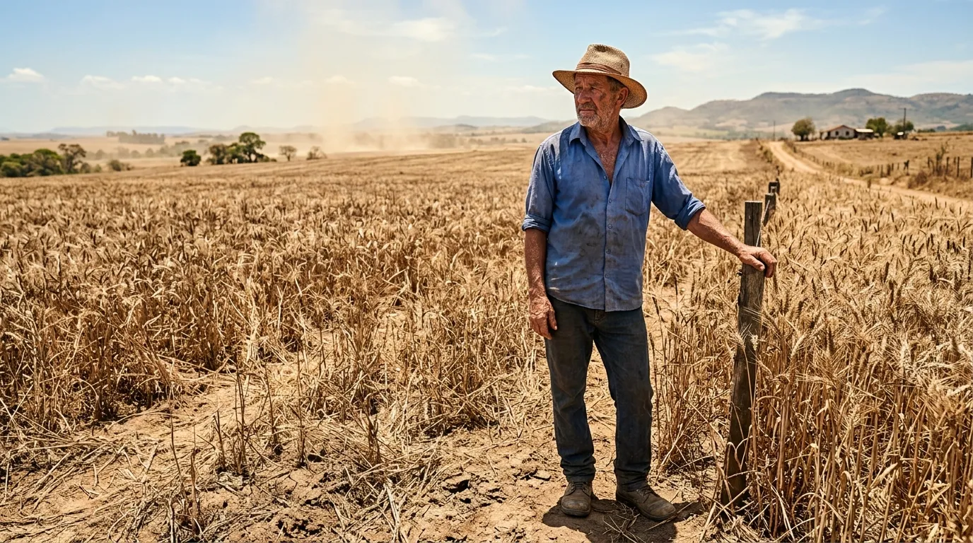 Produtor rural observa seca revelando desafios agricultura gaúcha diante do aquecimento global.