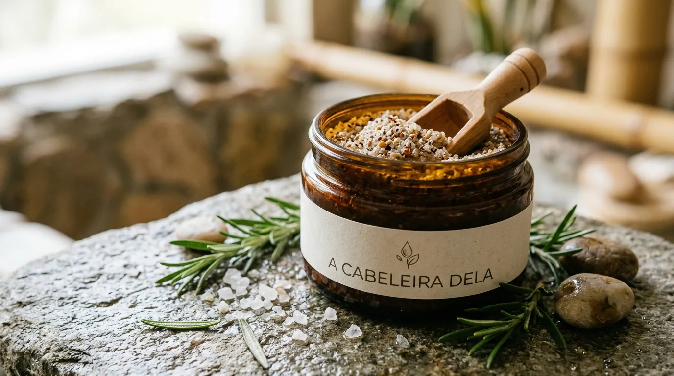 Pote de creme para esfoliacao capilar com ingredientes naturais em ambiente de spa.