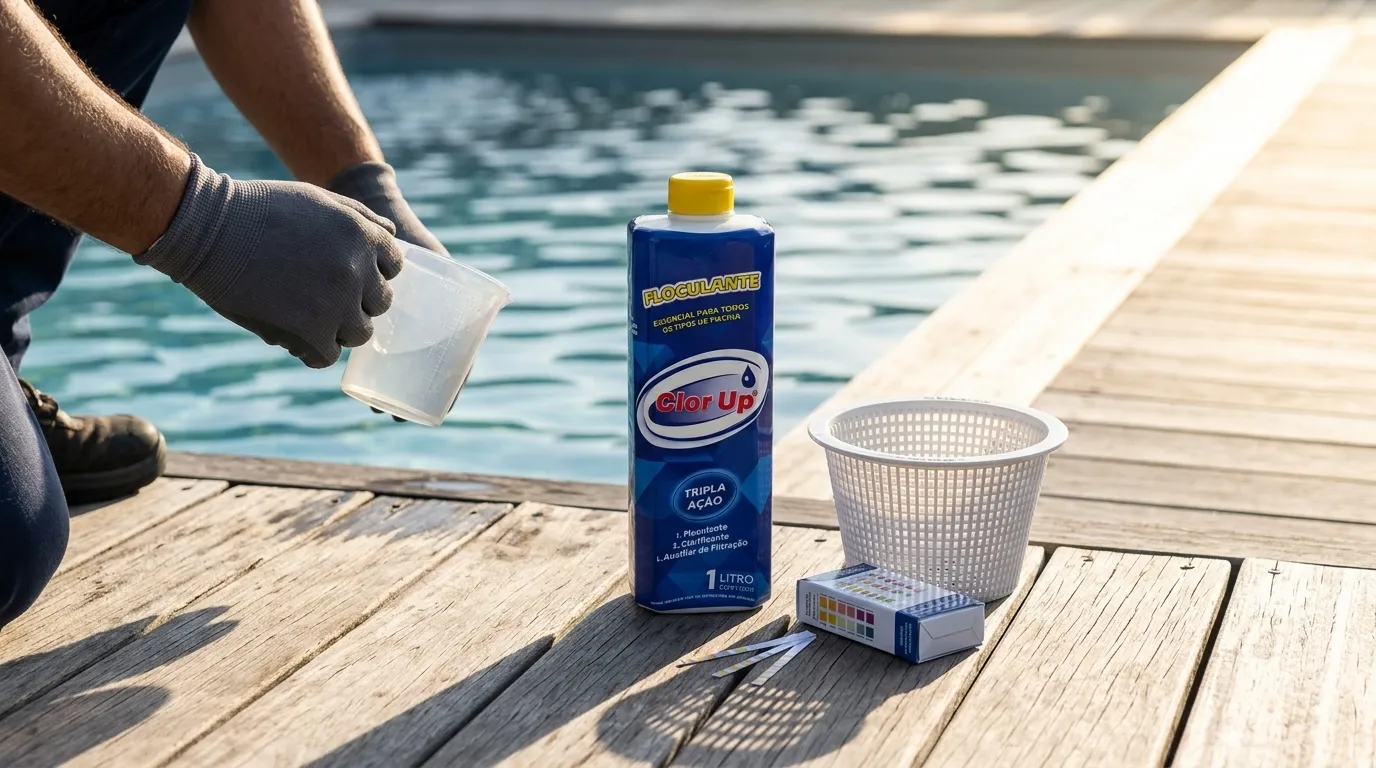 Floculante piscina sendo dosado para decantação e limpeza profunda da água.