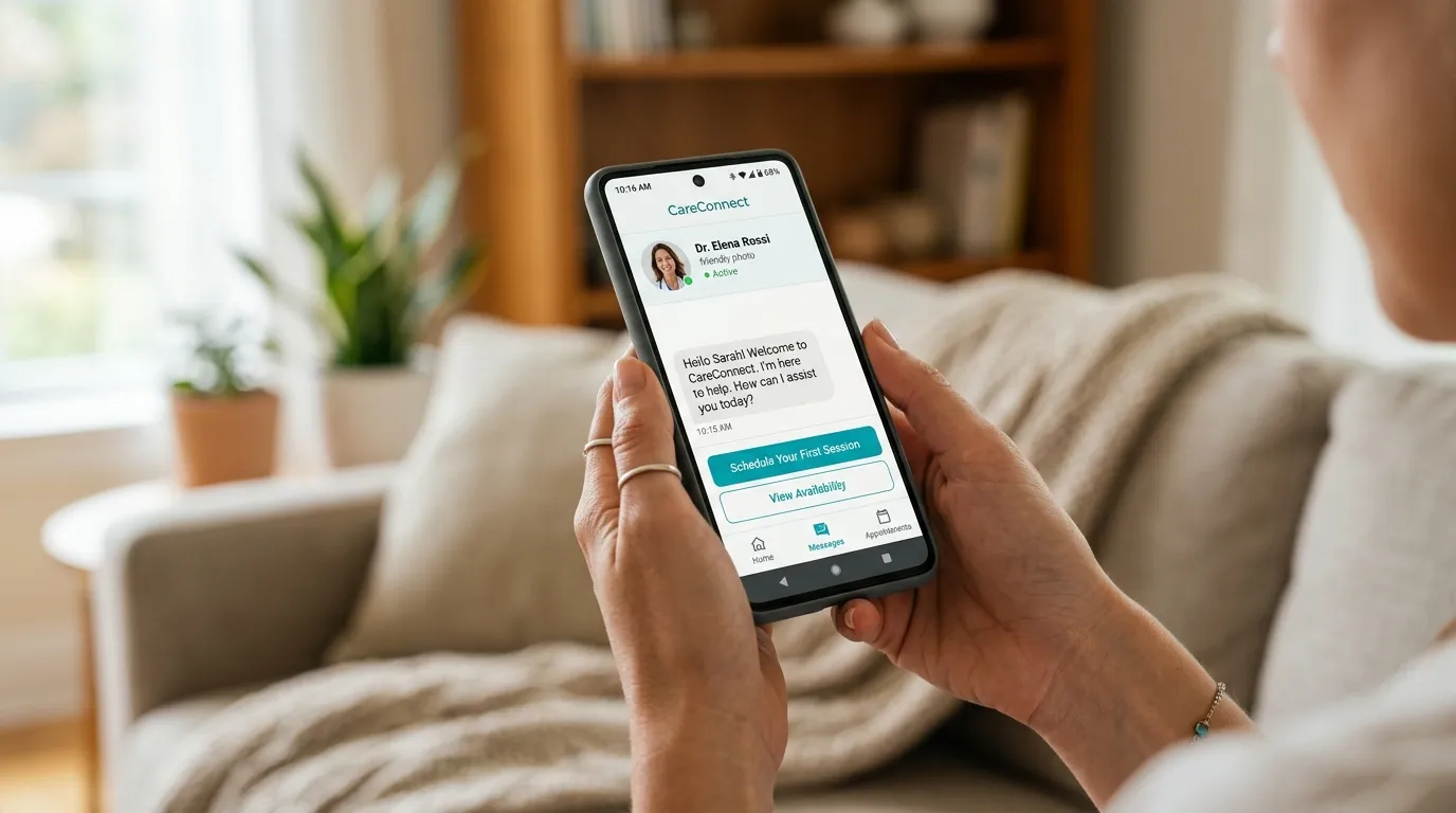 Celular mostrando aplicativo para agendar ajuda psicológica de forma rápida e segura.