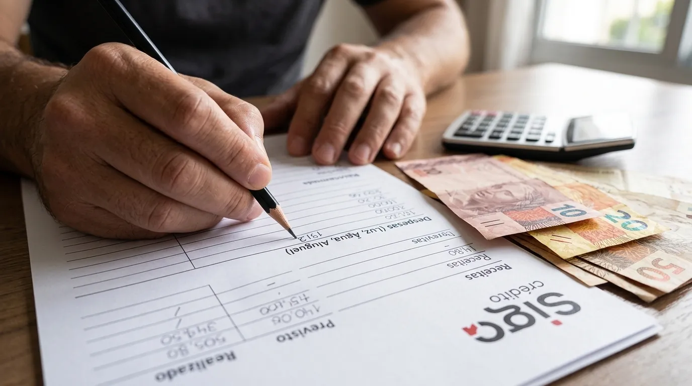 Pessoa anotando orçamento mensal em papel de forma simples sobre como sair das dívidas ganhando pouco.