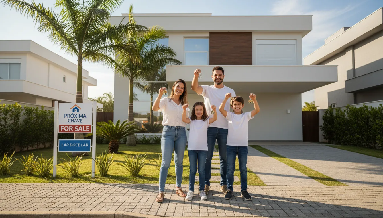 Família feliz em frente à sua nova casa em José Bonifácio SP, com a placa da Próxima Chave. Encontre seu lar ideal com segurança e tranquilidade.
