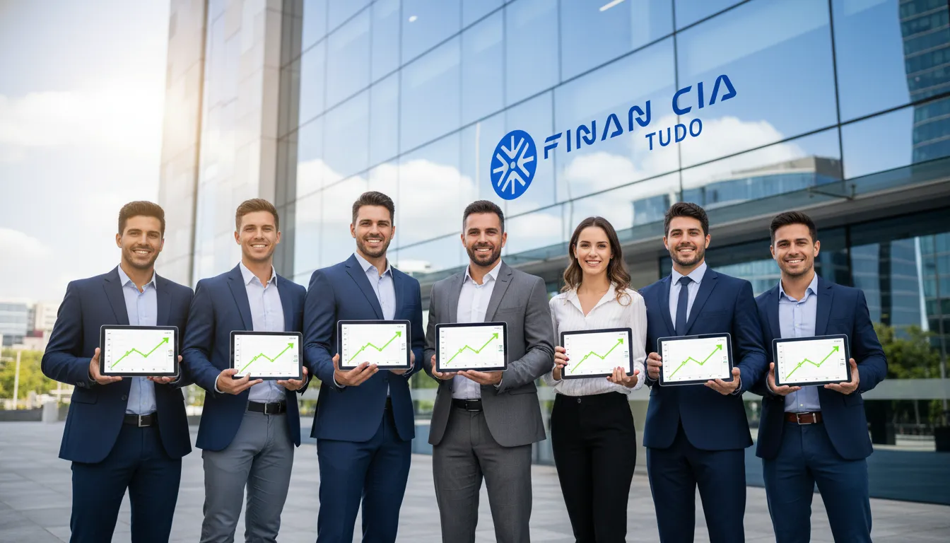 Grupo diverso em frente à Financia Tudo, transmitindo confiança nas decisões financeiras em crise e mostrando gráficos de crescimento.