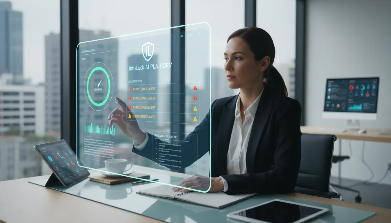 Plataforma de IA oferecendo conselhos de compliance classroom ai em tempo real para DPO. Marca InfoLock em destaque.