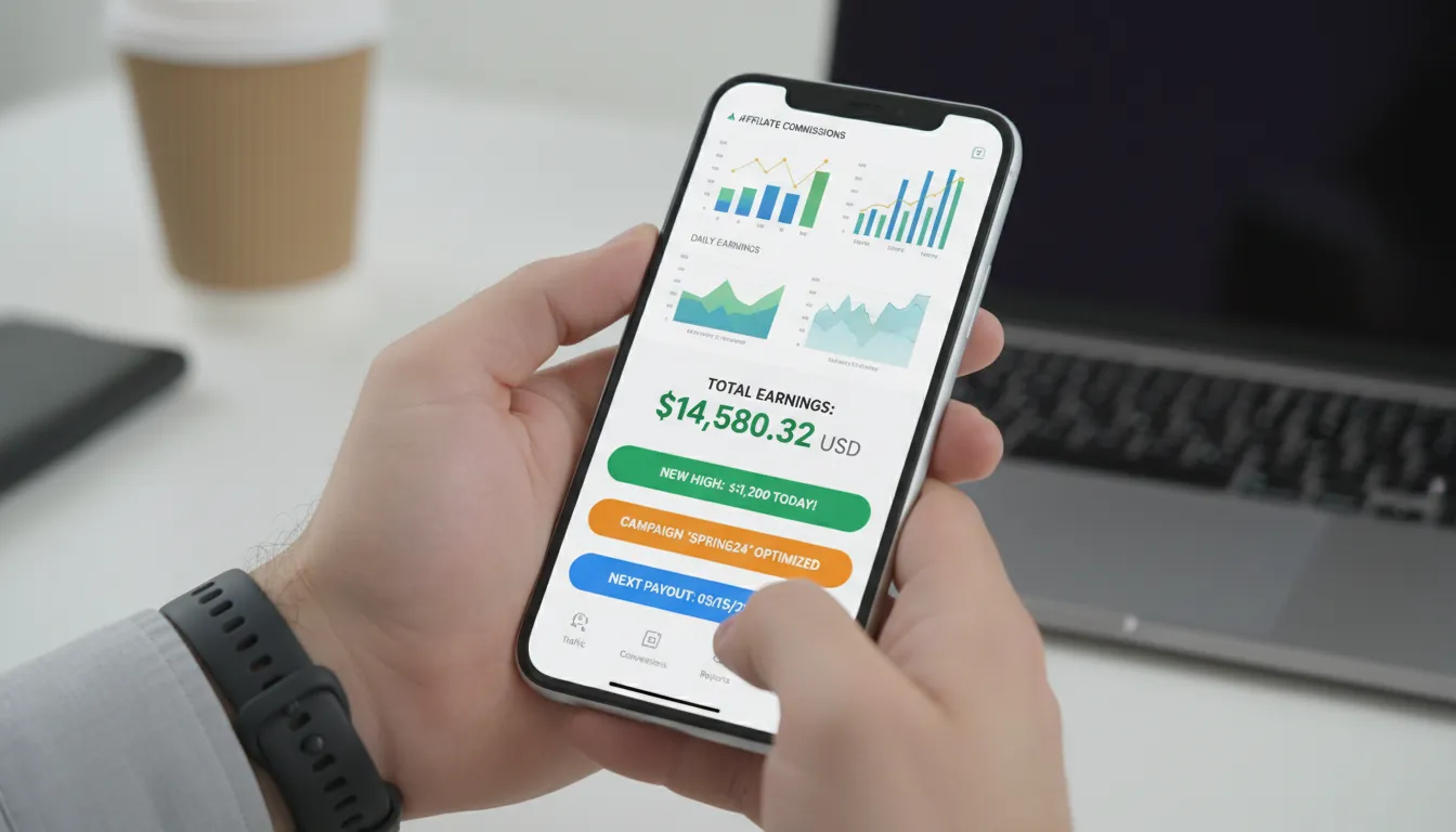 Mãos analisando relatórios de comissões e conversões de afiliados financeiros pelo smartphone.