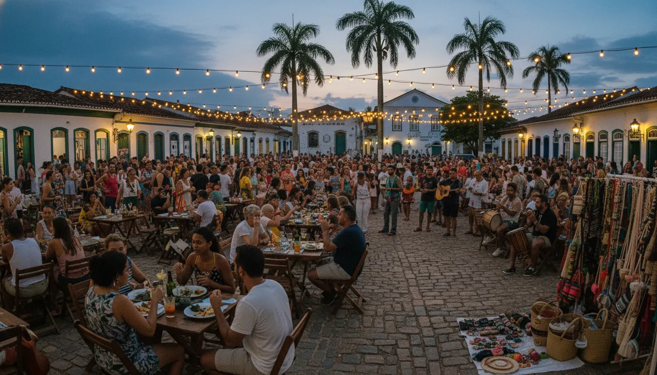 Rua movimentada em Trancoso viagem ao entardecer, com turistas e moradores aproveitando a vida noturna.