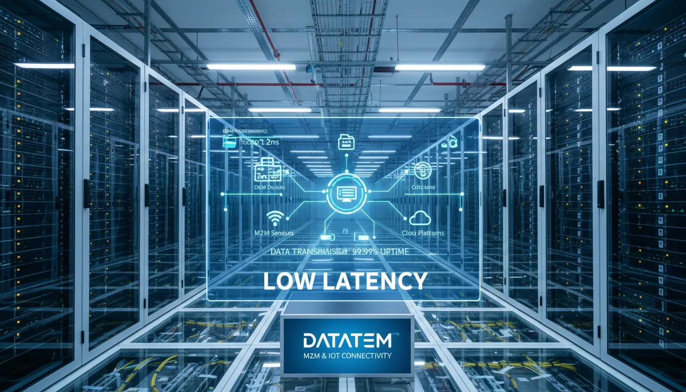 Data center com servidores, infraestrutura da Datatem para conectividade M2M/IoT. Display digital mostra transmissão de dados em tempo real com baixa latência para cobots.