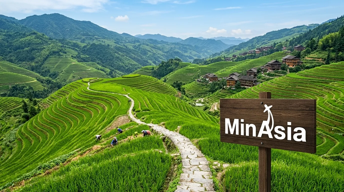 Terraços de arroz de Longji na região de Guilin com colinas verdes.