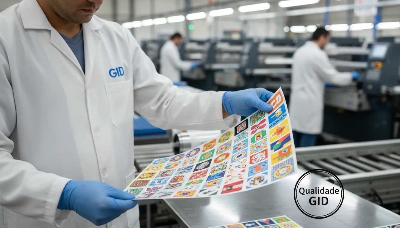 Inspeção de qualidade em uma fábrica de adesivos, com foco nos adesivos vibrantes e no controle de qualidade da GID, garantindo produtos de alta qualidade.
