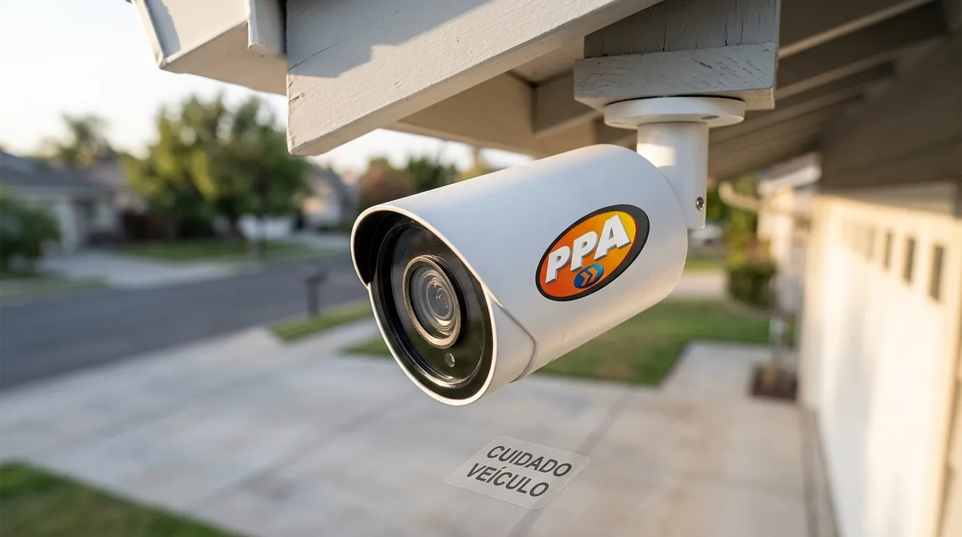 Detalhe de camera de segurança hd 1080p fixada sob o telhado para monitoramento externo.