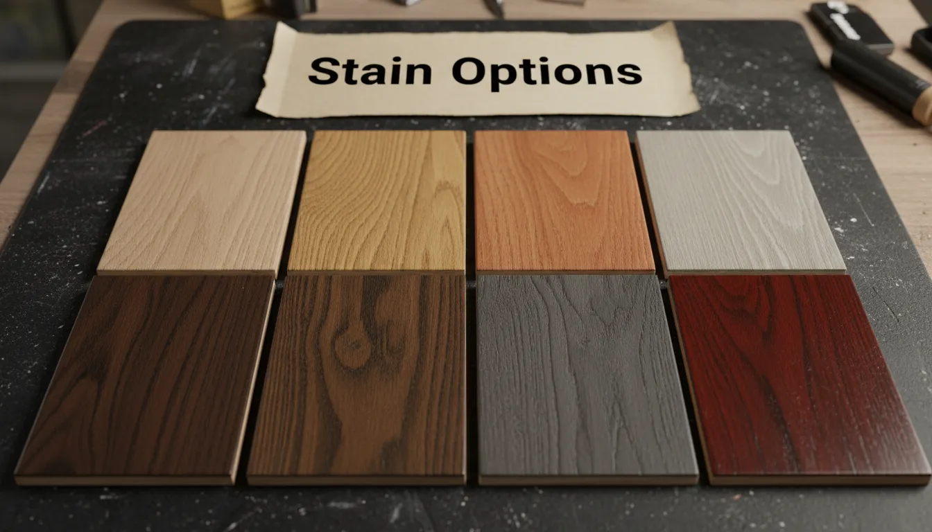 A selection of stain hardwood floor samples in various shades, demonstrating the range of color options available for floor restoration projects.