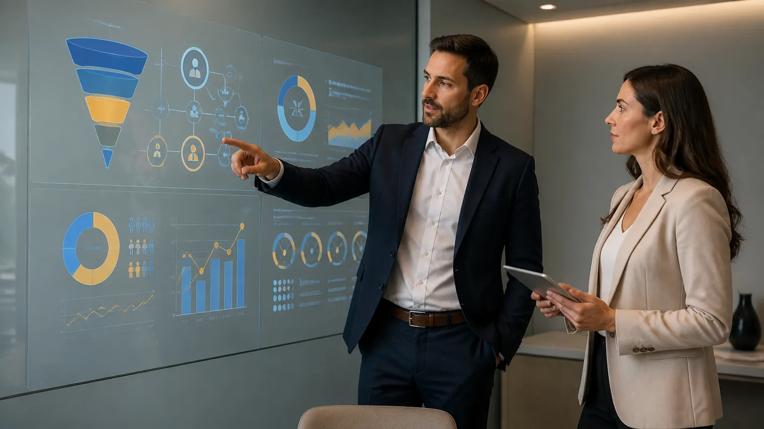 Métricas para avaliar qualidade de indicações em parcerias comerciais exibidas em painel moderno.
