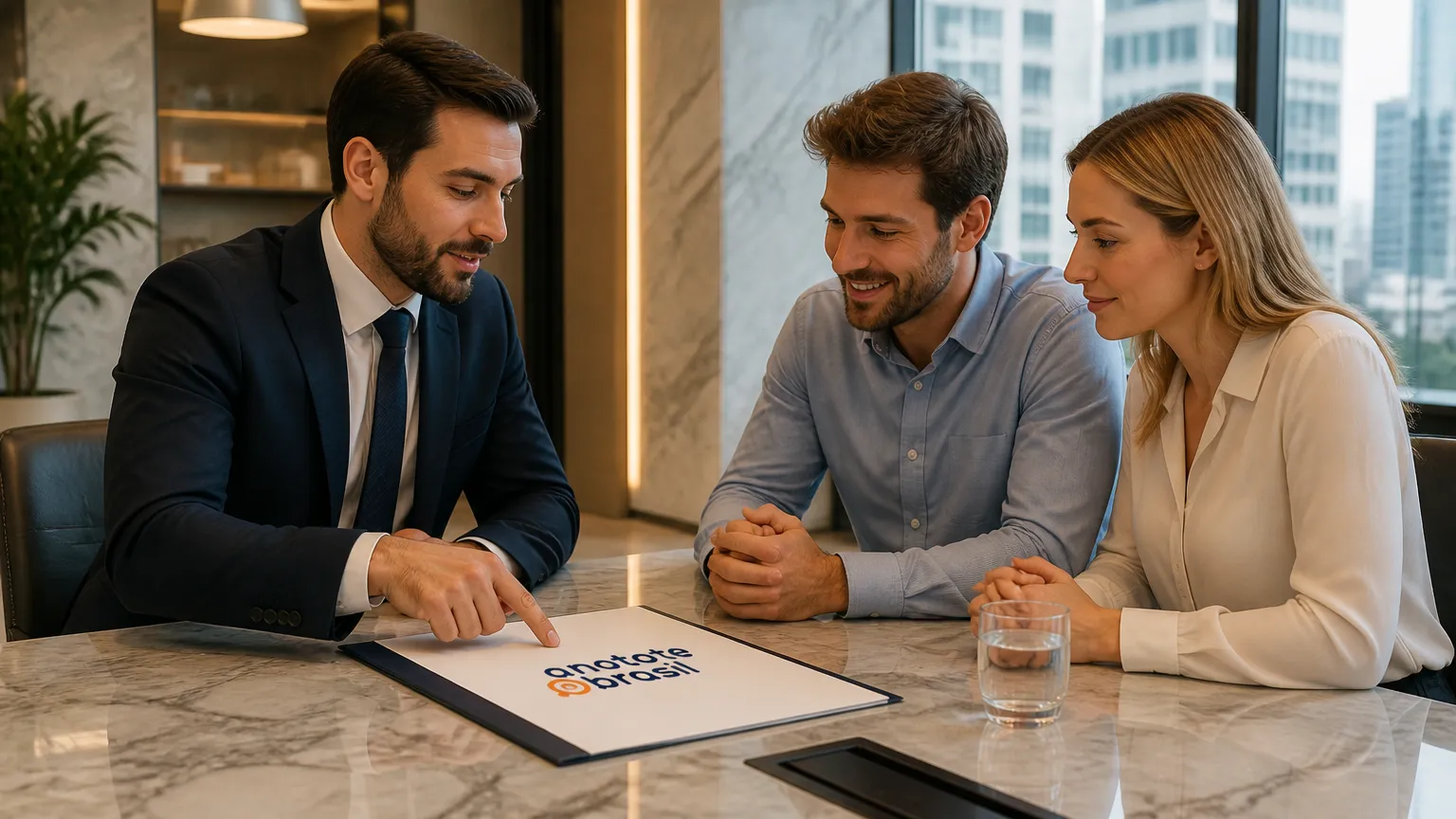 Consultor orientando clientes sobre taxa de administração consórcio e parcelas do contrato.