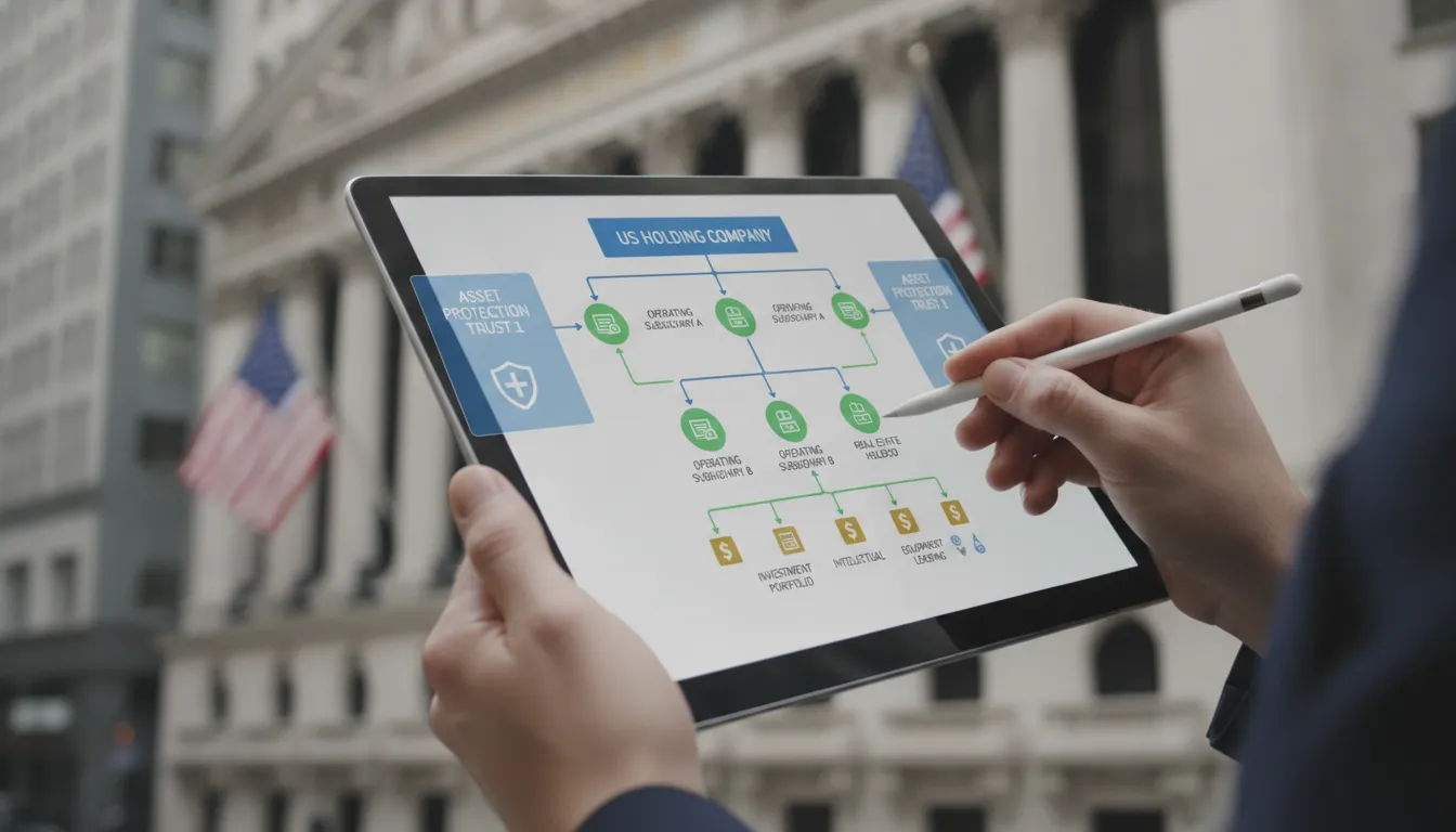 Diagrama detalhado de holding empresarial nos EUA em tablet, ilustrando estrutura e proteção de ativos.