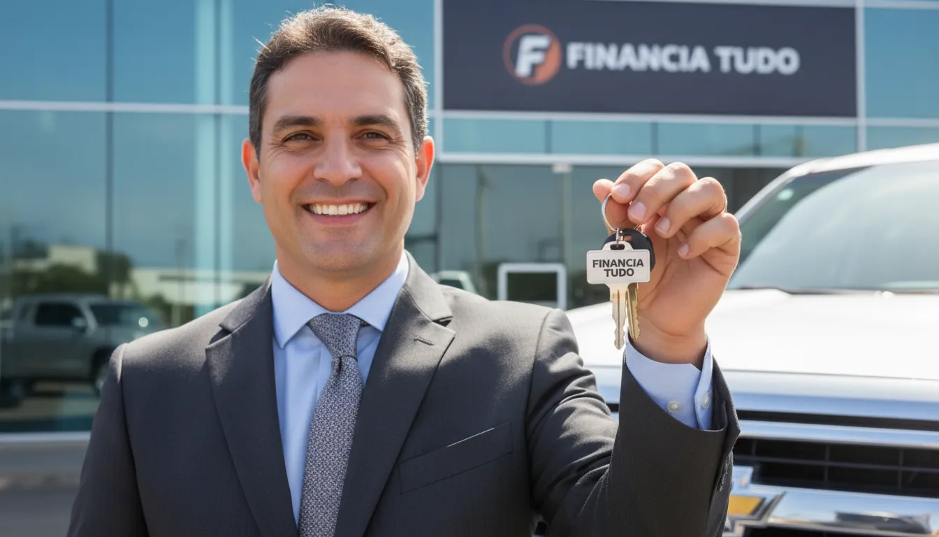 Homem de negócios sorrindo e segurando as chaves de um caminhão novo, com o logo da Financia Tudo no chaveiro. Obtenha o melhor financiamento de caminhões.